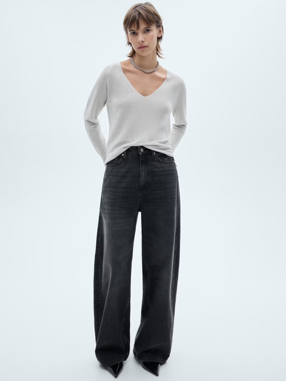 Mango V-Neck Long Sleeve Sweater in Light Gray